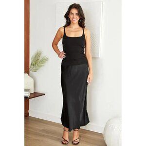 Black Satin Bias-Cut Midi Slip Skirt – Elastic Waist, Silky Dressy Skirt